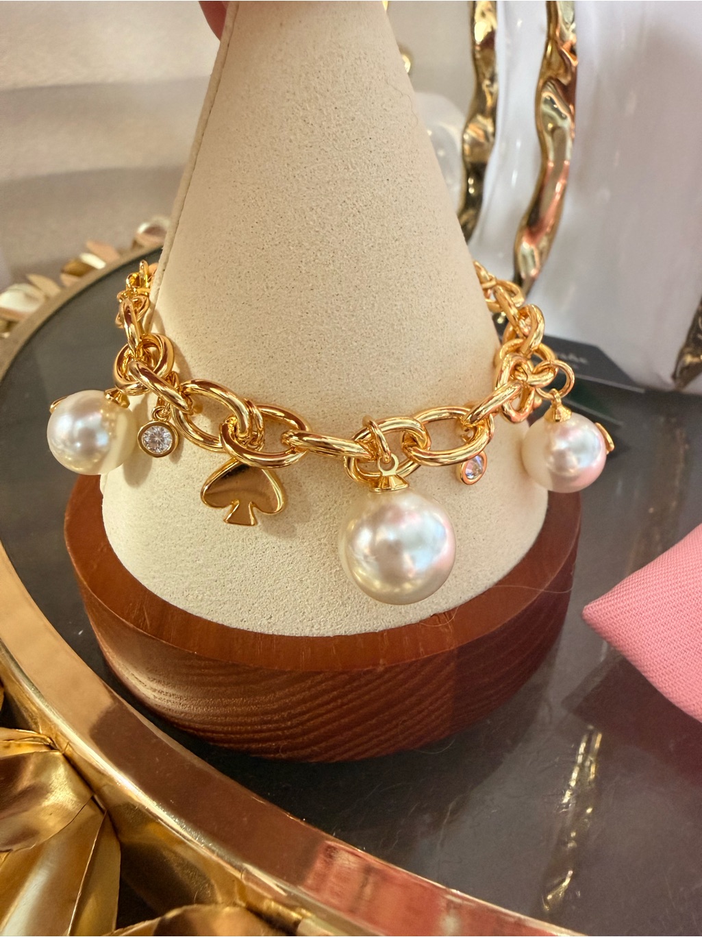 Kate Spade Gold Chain Bracelet With Pearl And Spade Charms